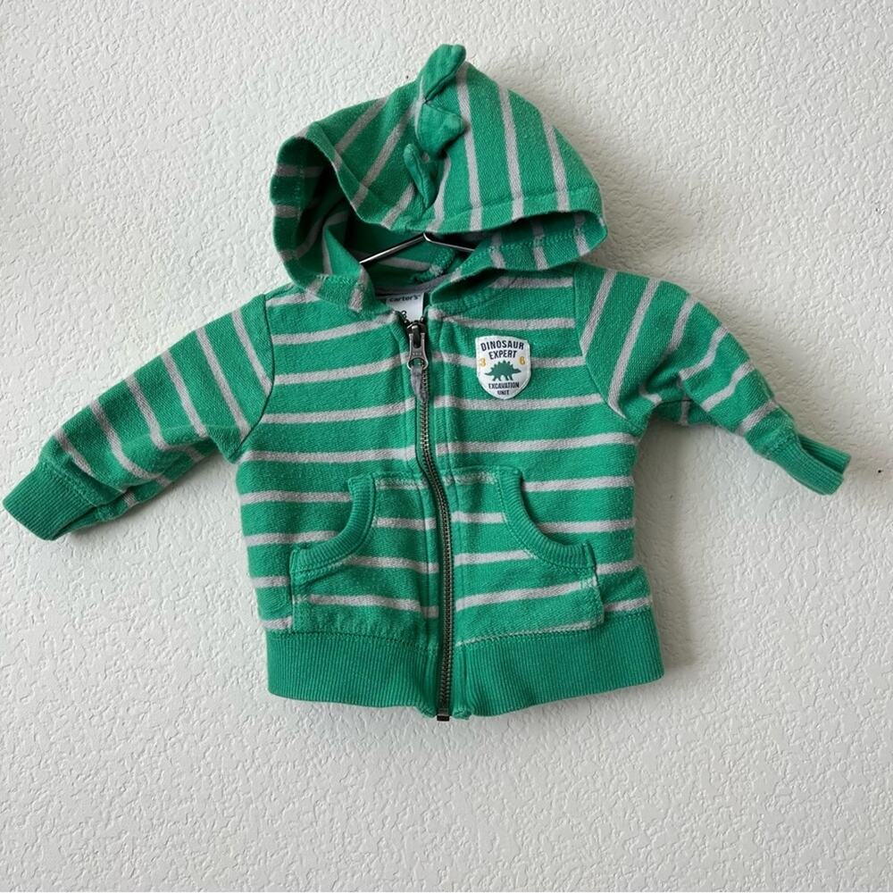 Carter’s Green Gray Stripe Dinosaur Expert Full Zip Hoodie